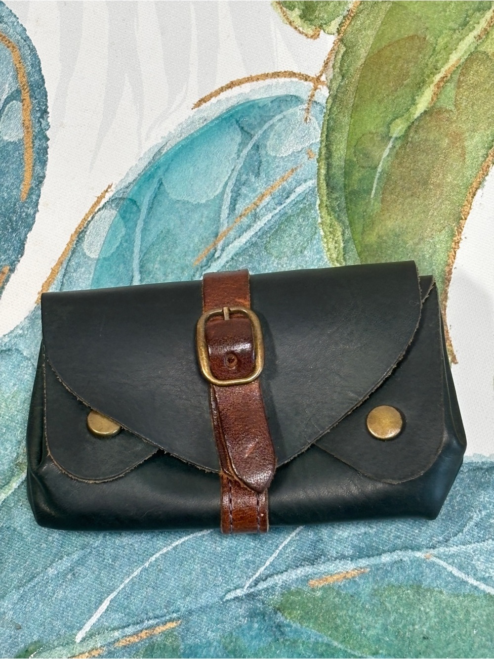 Black Leather Buckle Clutch with Brown Strap